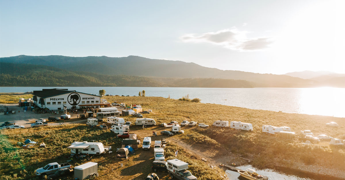 Aerial view of campsite on lake
